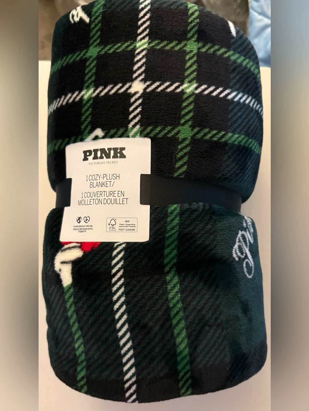 PINK Victoria's Secret Black, Green & White Plaid Plush Throw